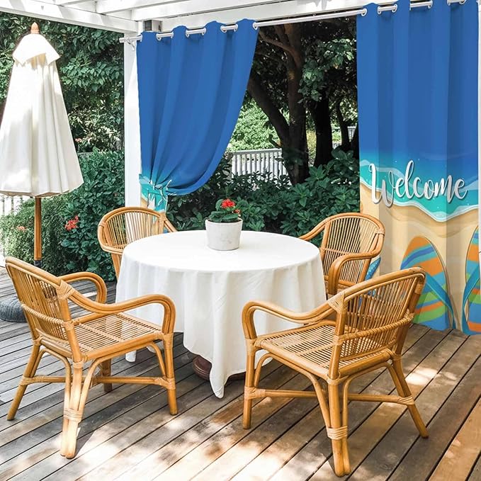 Summer Outdoor Curtains for Patio Beach Slippers Plumeria Waterproof Outside Curtains with Grommet Top Weatherproof Curtain for Cabana Pergola Gazebo, 2 Pack, 54" W x 95" L