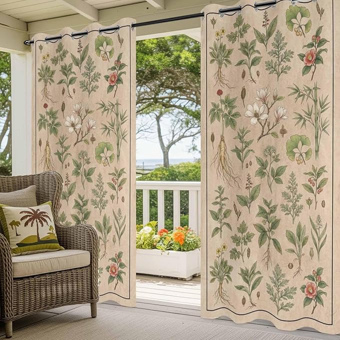 Vintage Outdoor Curtains for Patio Grass Herbal Botanical Garden Plants Waterproof Outside Curtains with Grommet Top Weatherproof Curtain for Cabana Pergola Gazebo, 2 Pack, 54" W x 108" L