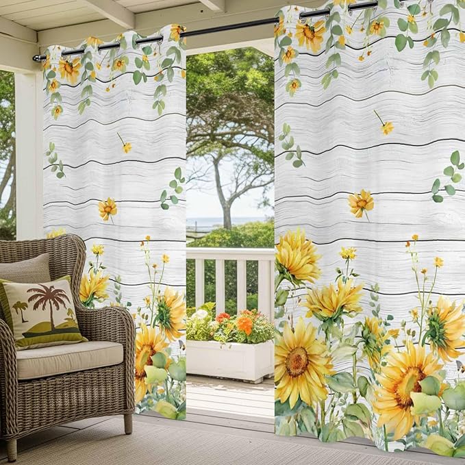 Sunflowers Outdoor Curtains for Patio Summer Floral Eucalyptus Leaf Wood Plank Waterproof Outside Curtains with Grommet Top Weatherproof Curtain for Cabana Pergola Gazebo, 1 Panel, 54" W x 84" L