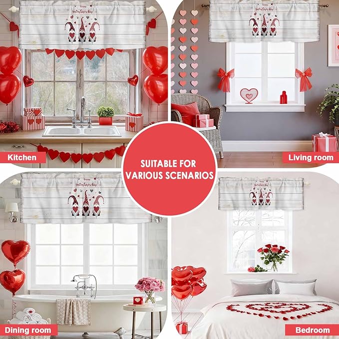 Happy Valentine's Valance Curtains for Kitchen, Day Gnomes Love Heart on Rustic Wood Grain Privacy Rod Pocket Valance Curtain, Light-Filtering Window Treatment for Bedroom Bathroom, 42"x18"