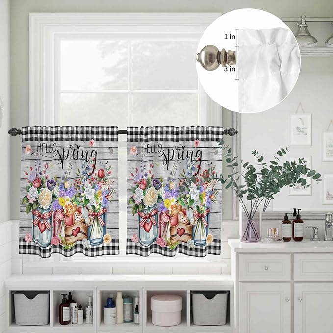 Kitchen Curtains Tiers and Valance Set of 3, Spring Flowers Light Filtering Window Curtain Set, Farmhouse Black Plaid Wood Grain Rod Pocket Curtain Drapes for Cafe, Living Room, 24 Inches Tiers