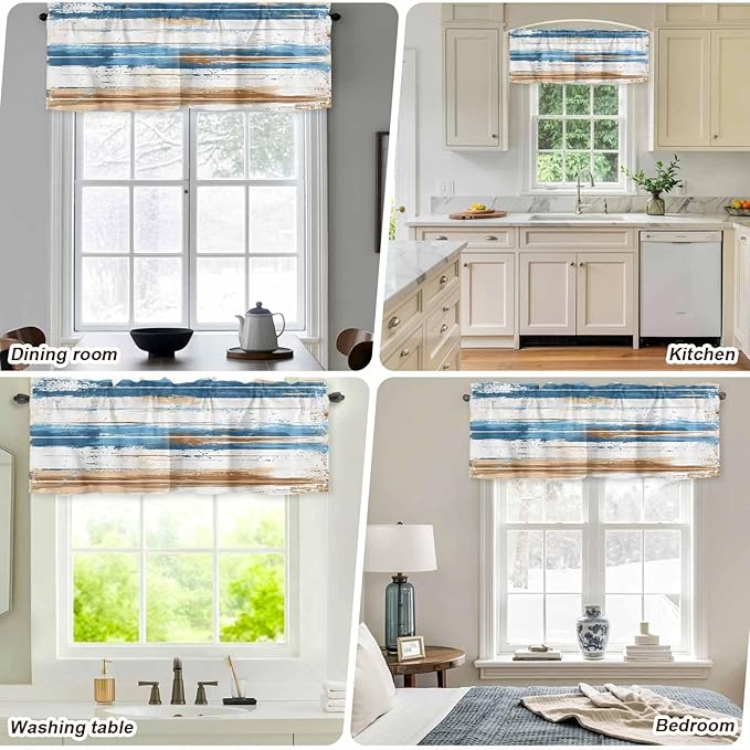 Vintage Blue Valances for Windows, Brown Wood Grain Mottled Texture Abstract Art Kitchen Valance Light Filtering Rod Pocket Short Curtains for Kitchen Bathroom, 1 Panel, 54"x18"