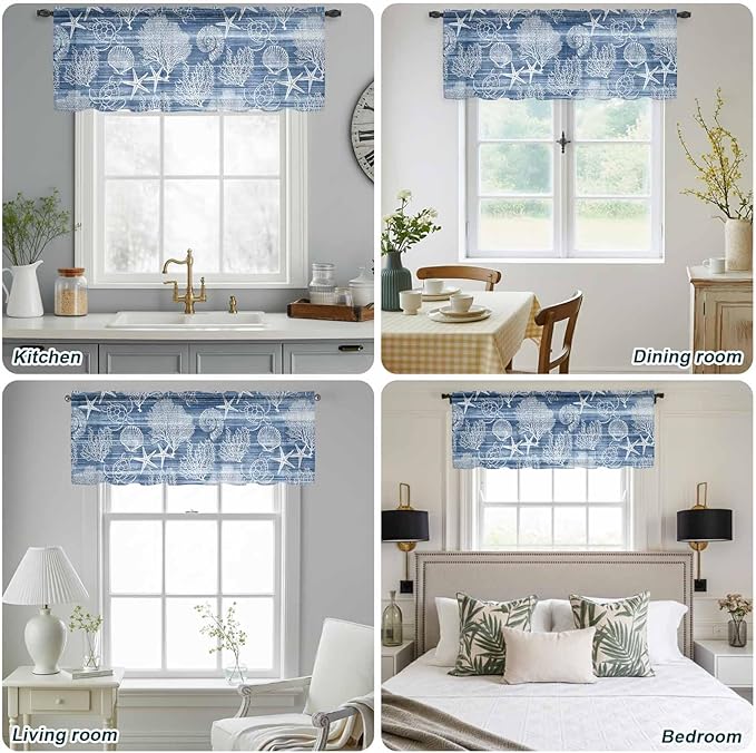 Navy Blue Retro Summer Sheer Valance Curtains, Sea Turtle Starfish Coral Ocean Light Filtering Kitchen Valances Rod Pocket Voile Curtain Window Treatment for Bedroom/Living Room/Basement 42Wx18L