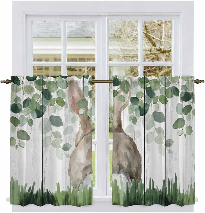 Easter Kitchen Curtains, Country Rabbit Botanical Leaves Wooden Grain Light Filtering Window Curtain Panels, 2Pcs Rod Pocket Window Treatments Set for Cabin Bathroom Bedroom 52x45 Inches