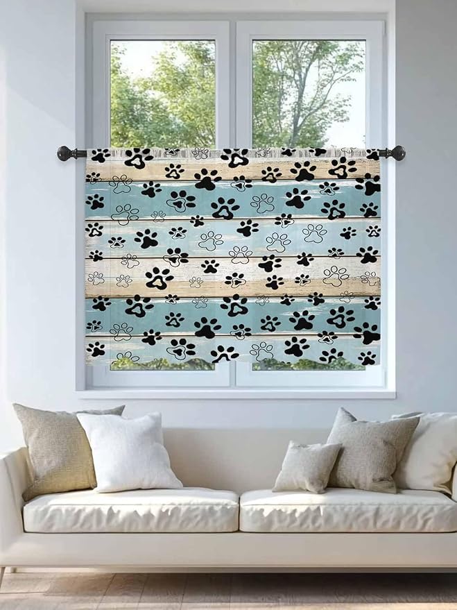 Sheer Curtains 54 Inch Length, Blue Beige Paw Print Semi Sheer Curtains Light Filtering Window Treatment, Vintage Farmhouse Country Wood Grain Privacy Voile Drapes for Living Room Bedroom 52x54 Inch