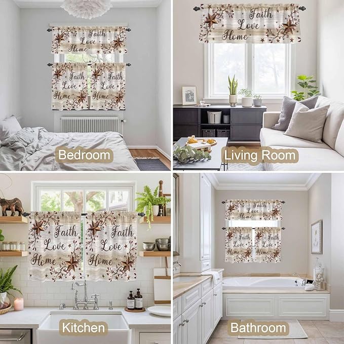 Kitchen Curtains Tiers and Valance Set of 3, Texas Star Brown Light Filtering Window Curtain Set, Farmhouse Retro Branches Wooden Grain Rod Pocket Curtain Drapes for Cafe, Living Room, 36 Inches Tiers