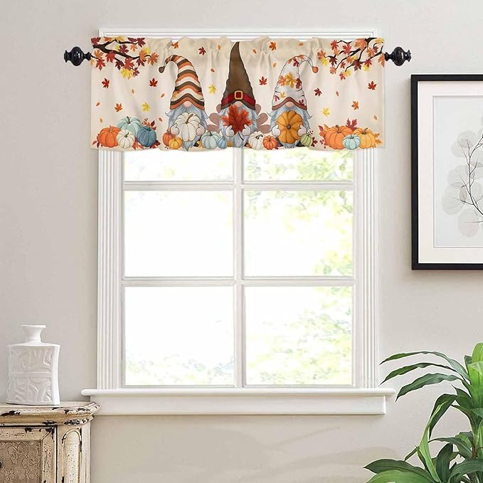 Fall Kitchen Curtain Set, Orange Pumpkins Thanksgiving Gnomes Autumn Maple Leaf Window Valance and Tiers 24" Length, Light Filtering Short Curtains Valance for Cafe Bathroom Bedroom 54"x18"