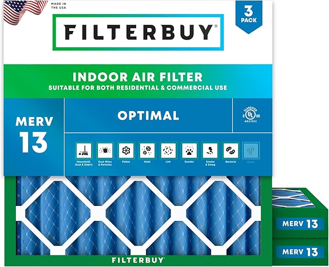 Filterbuy 20x20x2 Air Filter MERV 13 Optimal Smoke & Allergy Defense (3-Pack), Electrostatic Pleated HVAC AC Furnace Filters Replacement, Made in USA (Actual Size: 19.50 x 19.50 x 1.75)