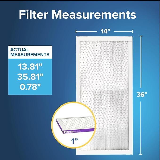 Filtrete 14x36x1 AC Furnace Air Filter, MERV 12, MPR 1500, CERTIFIED asthma & allergy friendly, 3 Month Pleated 1-Inch Electrostatic Air Cleaning Filter, 6-Pack (Actual Size 13.81x35.81x0.78 in)