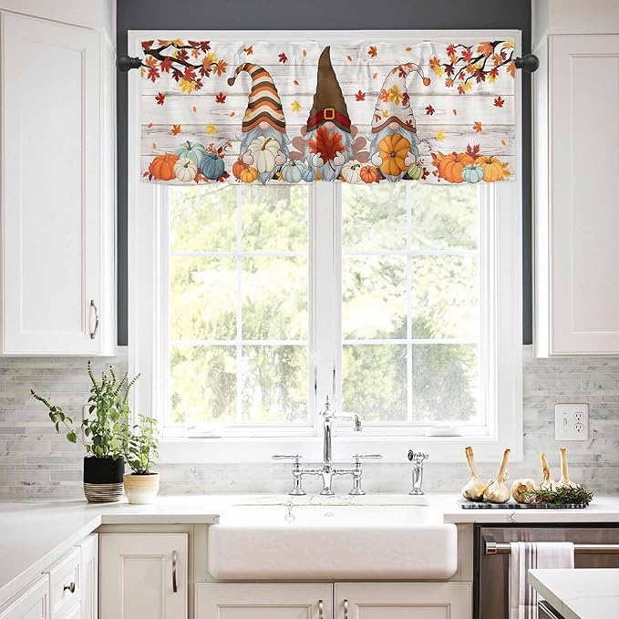 Fall Gnomes Kitchen Curtain Set, Thanksgiving Maple Leaf Grey Wood Grain Window Valance and Tiers 36" Length, Light Filtering Short Curtains Valance for Cafe Bathroom Bedroom 54"x18"