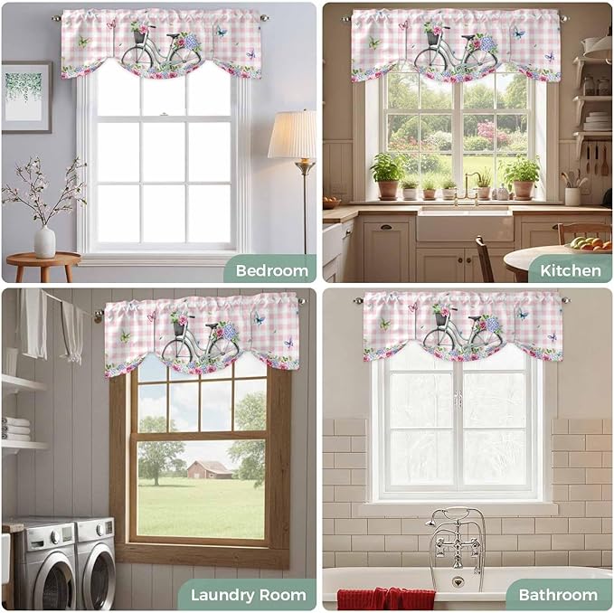 Spring Tie Up Valance Curtains for Windows, Kitchen Curtains Window Shades, Bicycles Leaves Butterfly Flowers Pink Buffalo Plaid Light Filtering Curtain Valances for Bedroom/Bathroom/Cafe 60"x18"