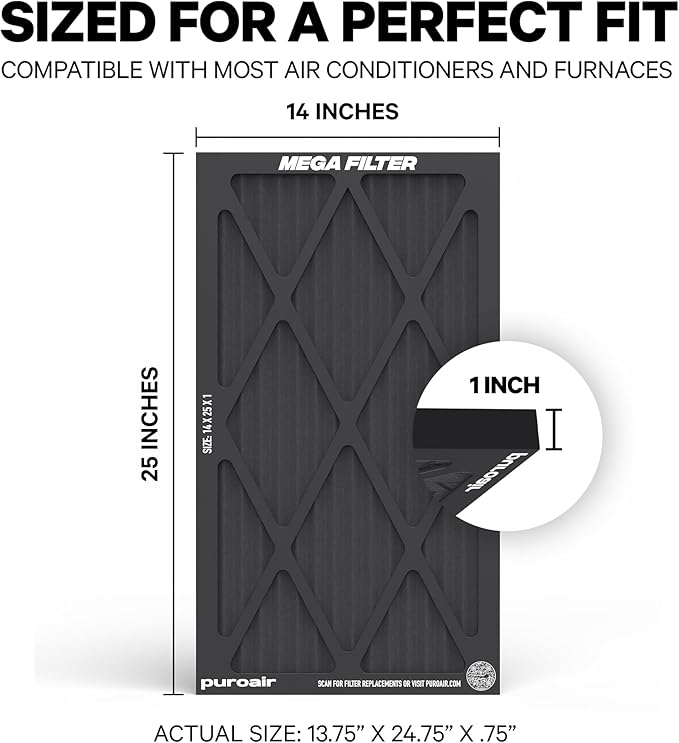 PuroAir MegaFilter - 14x25x1 Air Filter MERV 13 Activated CarbonTech Defense - Heavy Duty 3 Layer Furnace Filters Allergens, Pollen, Dust, Pet Dander, Smoke, Odors - HVAC Air Filter 14x25x1 (1-Pack)