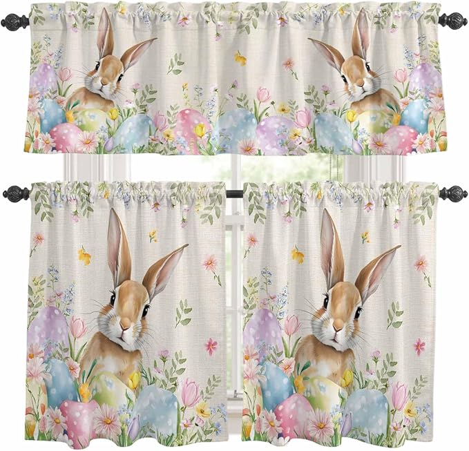 Kitchen Curtains Tiers and Valance Set of 3, Easter Light Filtering Window Curtain Set, Vintage Spring Bunny Eggs Farmhouse Floral Leaves Rod Pocket Curtain Drapes for Living Room, 36 Inches Tiers