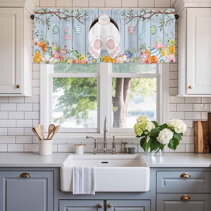 Easter Curtain Valances for Windows, Kitchen Valance Window Treatment, Spring Watercolor Bunny Eggs Flower Wood Grain Blue Light Filtering Block Curtains for Bathroom/Bedroom/Living Room 42'' x 18''