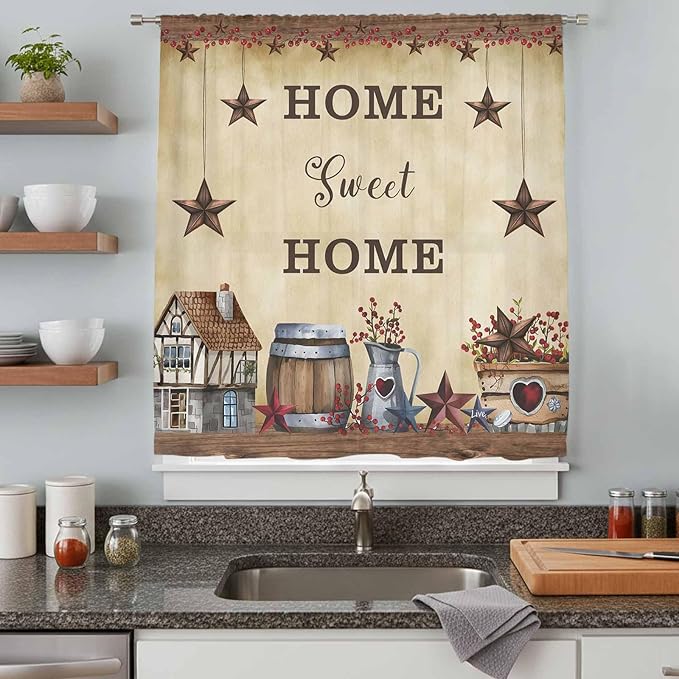Farm Sheer Curtains 54 Inch Length American Country Barn Star Vintage Berry Brown Chiffon Curtain for Bedroom Living Room Light Filtering Rod Pocket Window Treatments Voile Curtains Drapes for Kitchen