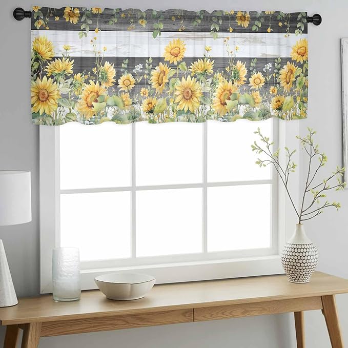 Summer Floral Sheer Valance Curtains, Watercolor Sunflower Eucalyptus Leaves Black Wood Grain Light Filtering Kitchen Valances Rod Pocket Voile Curtain for Bedroom/Living Room/Basement 60Wx18L