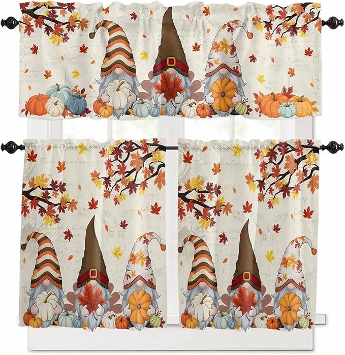 Fall Kitchen Curtain Set, Thanksgiving Gnomes Maple Leaf Pumpkin Beige Window Valance and Tiers 36" Length, Light Filtering Short Curtains Valance for Cafe Bathroom Bedroom 54"x18"
