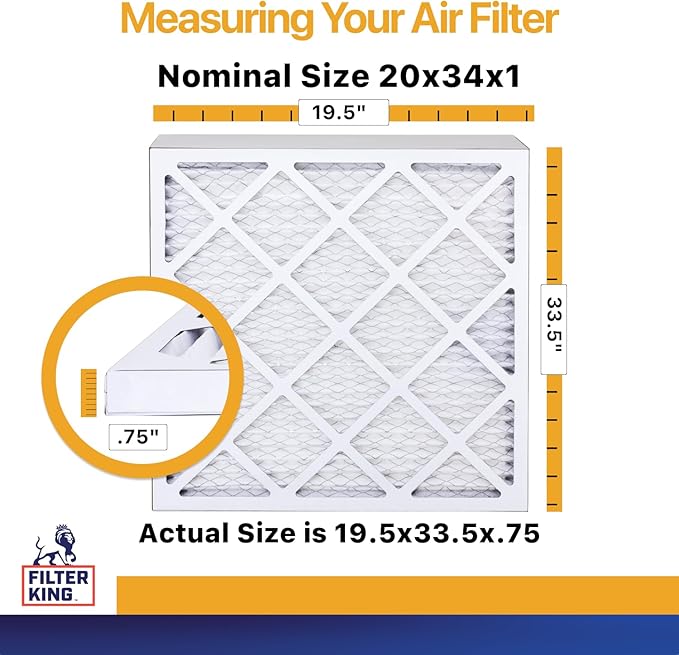 Filter King 20x34x1 Air Filter | 4-PACK | MERV 13 HVAC Pleated A/C Furnace Filters | MADE IN USA | Actual Size: 19.5 x 33.5 x .75"