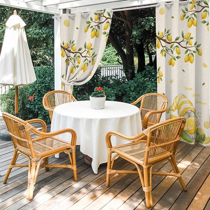 Summer Outdoor Curtains for Patio Lemon Gnome Leaf Linen Texture Waterproof Outside Curtains with Grommet Top Weatherproof Curtain for Cabana Pergola Gazebo, 1 Panel, 54" W x 95" L