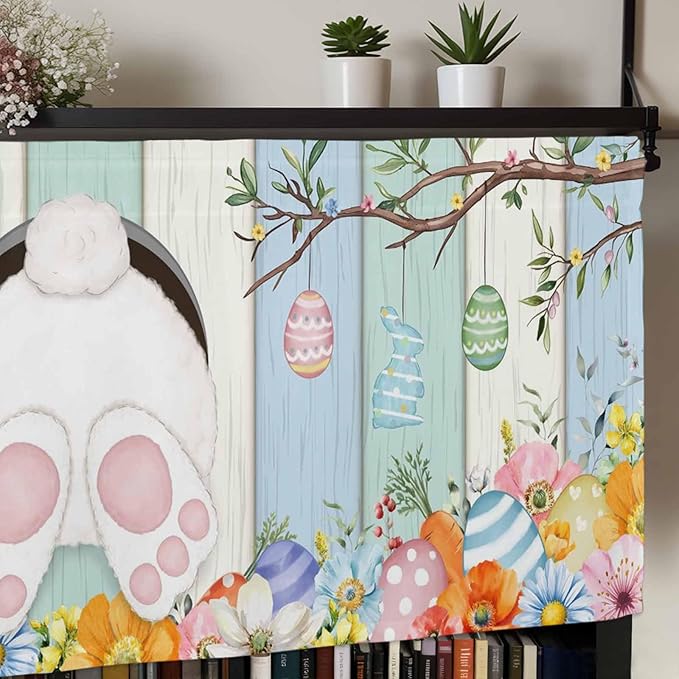 Easter Curtain Valances for Windows, Kitchen Valance Window Treatment, Spring Watercolor Bunny Eggs Wood Grain Teal Blue Light Filtering Block Curtains for Bathroom/Bedroom/Living Room 42'' x 18''