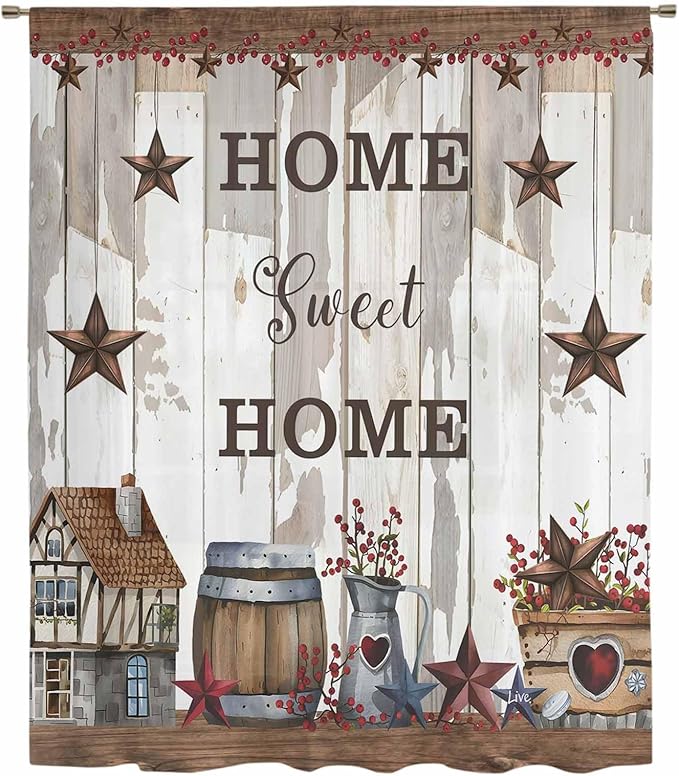 Farmhouse Sheer Curtains 45 Inch Length Retro Country Star Berry Vintage Wood Grain Chiffon Curtain for Bedroom Living Room Light Filtering Window Treatments Voile Curtains Drapes for Kitchen