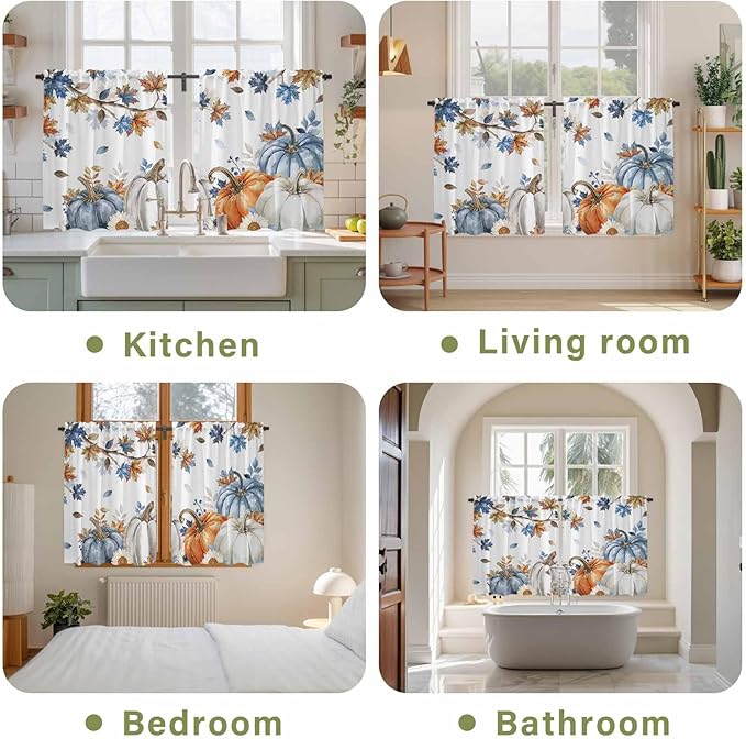 Navy Blue Pumpkin Fall Kitchen Tier Curtains 45 Inch Long 2 Panel Set,Rod Pocket Short Window Treatment,Thanksgiving Maple Leaves Branches Curtains & Drapes for Bathroom Basement 27.5"W x 45"L