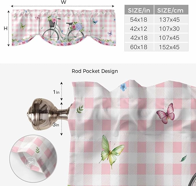 Spring Tie Up Valance Curtains for Windows, Kitchen Curtains Window Shades, Bicycles Leaves Butterfly Flowers Pink Buffalo Plaid Light Filtering Curtain Valances for Bedroom/Bathroom/Cafe 54"x18"