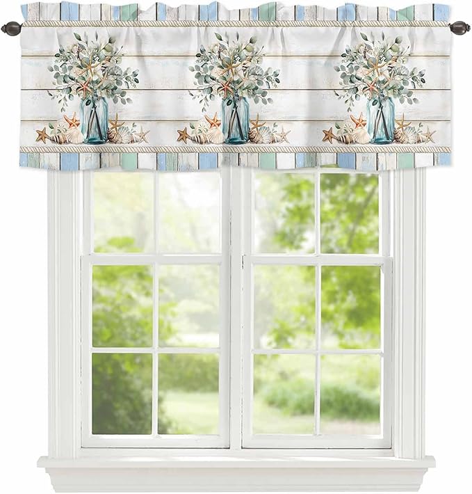 Kitchen Valances for Window, Ocean Starfish Conch Shell Eucalyptus Light Filtering Rod Pocket Valance Curtain, Colorful Wood Grain Short Curtains Window Topper for Bedroom Living Room 42x12in
