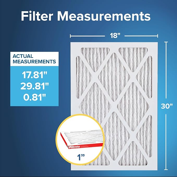 Filtrete 18x30x1 Air Filter, MERV 11, MPR 1000, Micro Allergen Defense, 3-Month AC and Furnace Filter, Easy on Air Flow, 6 HVAC Filters (Actual Size 17.81 x 29.81 x 0.81 in)