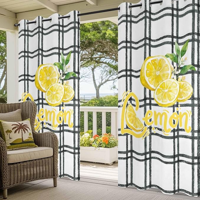 Lemon Outdoor Curtains for Patio Lemon Leaves Summer Plaid Buffalo Waterproof Outside Curtains with Grommet Top Weatherproof Curtain for Cabana Pergola Gazebo, 2 Pack, 54" W x 84" L
