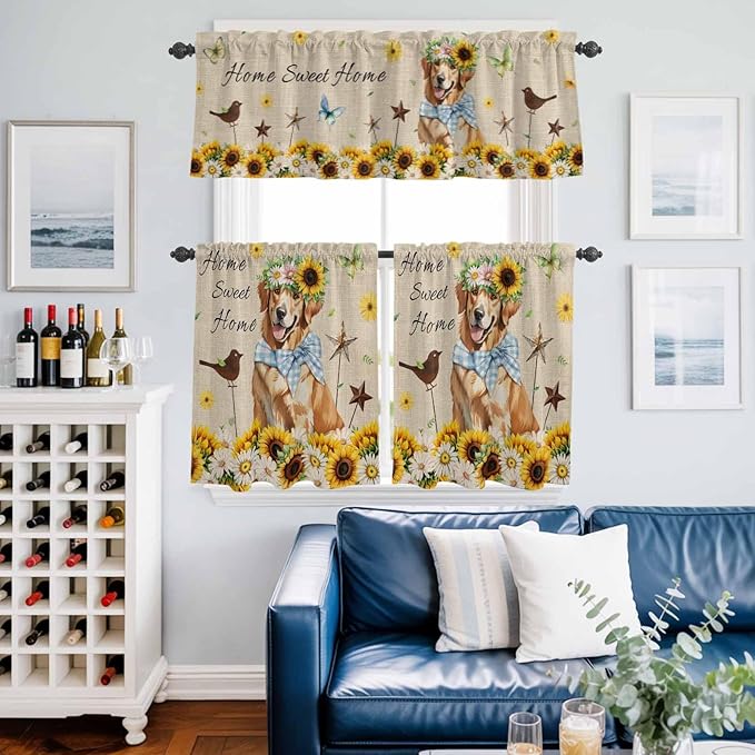 Kitchen Curtains Tiers and Valance Set of 3, Sunflowers Dog Light Filtering Window Curtain Set, Spring Watercolor Floral Stars on Linen Rod Pocket Curtain Drapes for Cafe, Living Room, 36 Inches Tiers