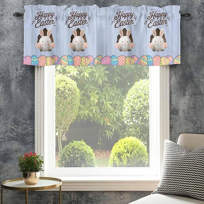 Blue Easter Curtain Valances for Windows, Kitchen Valance Window Treatment, Spring Cartoon Bunny Colorful Eggs Wood Grain Light Filtering Block Curtains for Bathroom/Bedroom/Living Room 42'' x 12''