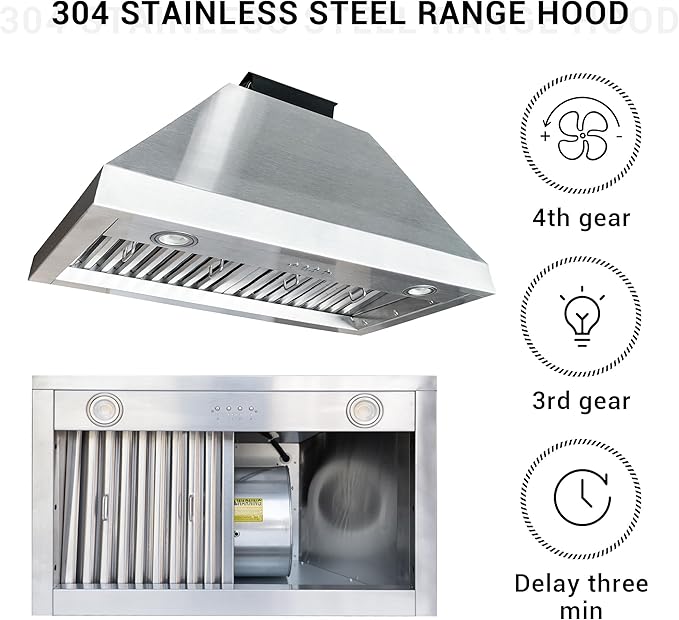 CHETTO C Stainless Steel Range Hood Cover with 4-Speed Vent Hood Insert Custom Handcrafted Metal Kitchen Fan with Towel Rack LED Light 30"W x21"D x39"H White Wall Mount