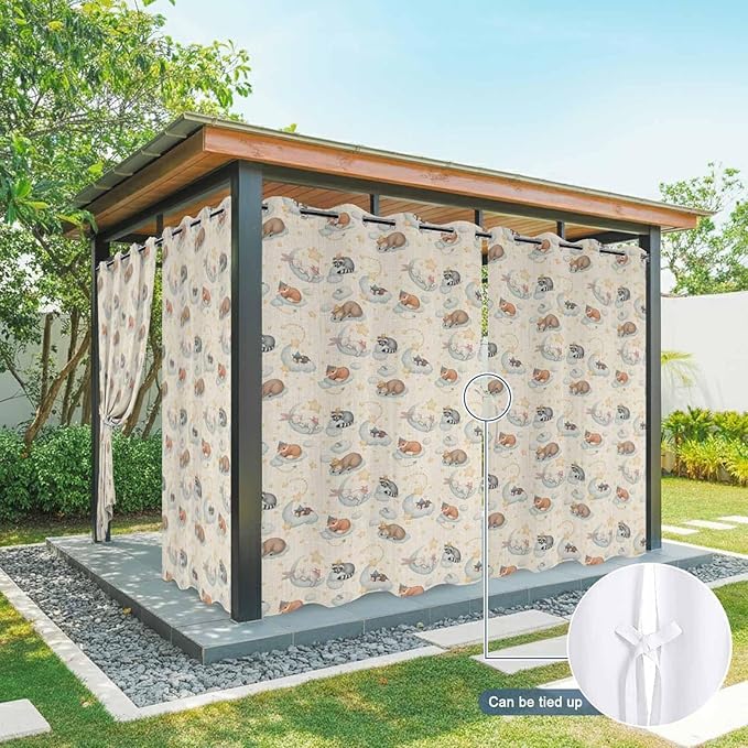 Cartoon Animals Outdoor Curtains for Patio Raccoons Rabbits Moon Linen Texture Waterproof Outside Curtains with Grommet Top Weatherproof Curtain for Cabana Pergola Gazebo, 2 Pack, 54" W x 84" L