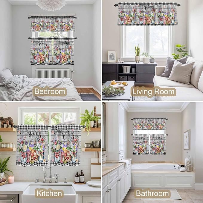 Kitchen Curtains Tiers and Valance Set of 3, Spring Flowers Light Filtering Window Curtain Set, Farmhouse Black Plaid Wood Grain Rod Pocket Curtain Drapes for Cafe, Living Room, 24 Inches Tiers