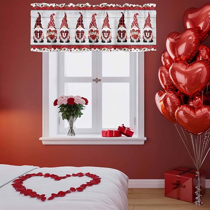 I Love U Valance Curtains for Kitchen, Valentine's Day Dwarf Romantic Wood Grain Privacy Rod Pocket Valance Curtain, Light-Filtering Window Treatment for Bedroom Bathroom, 42"x18"