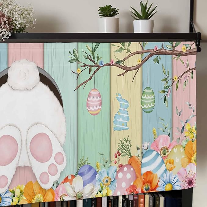 Easter Curtain Valances for Windows, Kitchen Valance Window Treatment, Spring Colorful Bunny Eggs Flower Wood Grain Light Filtering Block Curtains for Bathroom/Bedroom/Living Room 42'' x 12''