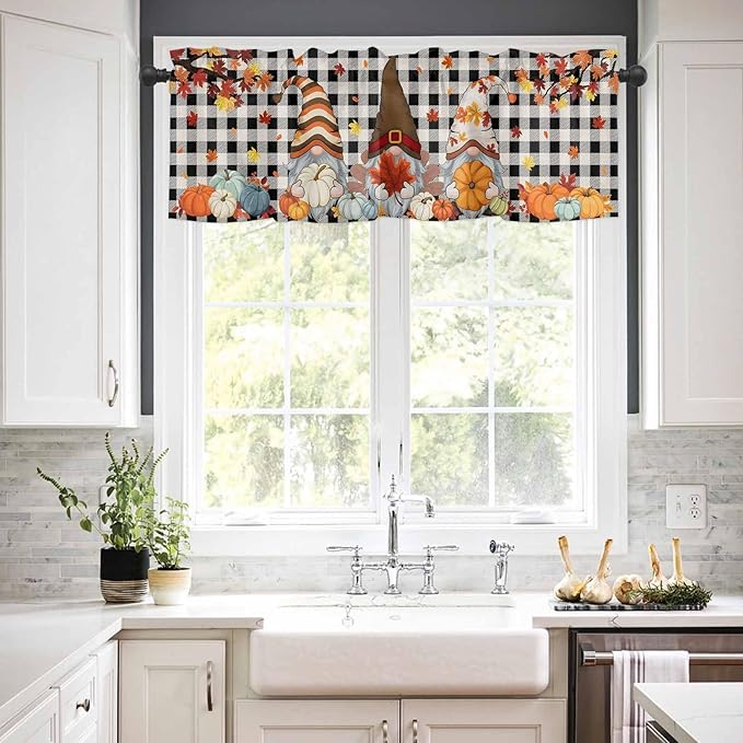 Thanksgiving Gnomes Kitchen Curtain Set, Fallen Maple Leaf Pumpkin Black Plaid Window Valance and Tiers 36" Length, Light Filtering Short Curtains Valance for Cafe Bathroom Bedroom 54"x18"