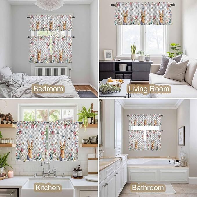 Kitchen Curtains Tiers and Valance Set of 3, Easter Light Filtering Window Curtain Set, Spring Rabbit Butterfly Botanical Florals Grey Plaid Rod Pocket Curtain Drapes for Living Room, 36 Inches Tiers