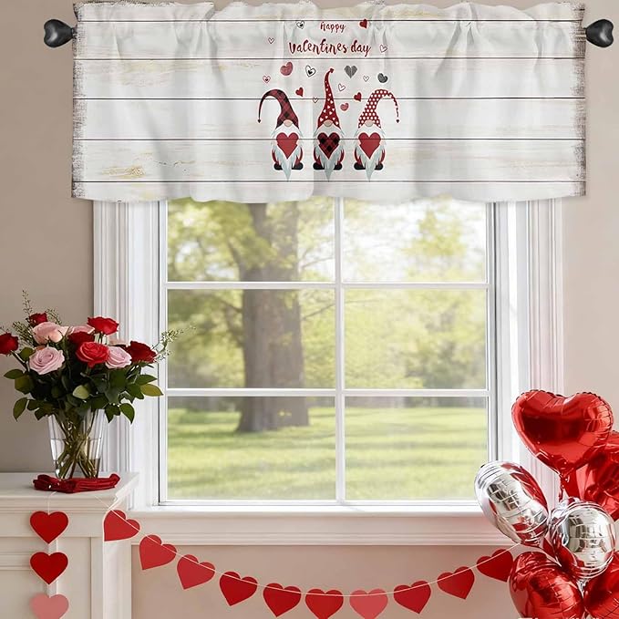 Happy Valentine's Valance Curtains for Kitchen, Day Gnomes Love Heart on Rustic Wood Grain Privacy Rod Pocket Valance Curtain, Light-Filtering Window Treatment for Bedroom Bathroom, 60"x14"