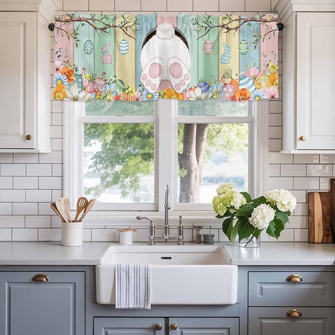 Easter Curtain Valances for Windows, Kitchen Valance Window Treatment, Spring Colorful Bunny Eggs Flower Wood Grain Light Filtering Block Curtains for Bathroom/Bedroom/Living Room 54'' x 18''
