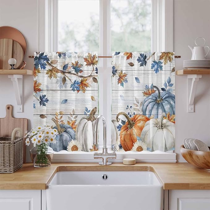 Thanksgiving Pumpkin Kitchen Curtains 54 Inch Long 2 Panel Set, Rod Pocket Window Curtains Panels, Fall Maple Leaf Daisy Wooden Grain Light Filtering Privacy Draperies for Bedroom Laundry 42"W x 54"L