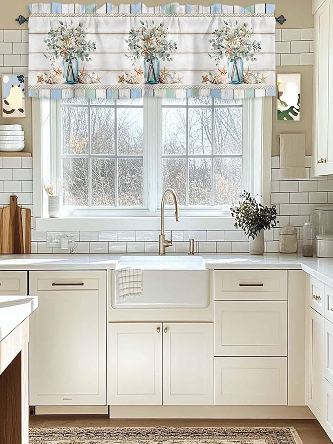 Kitchen Valances for Window, Ocean Starfish Conch Shell Eucalyptus Light Filtering Rod Pocket Valance Curtain, Colorful Wood Grain Short Curtains Window Topper for Bedroom Living Room 42x12in