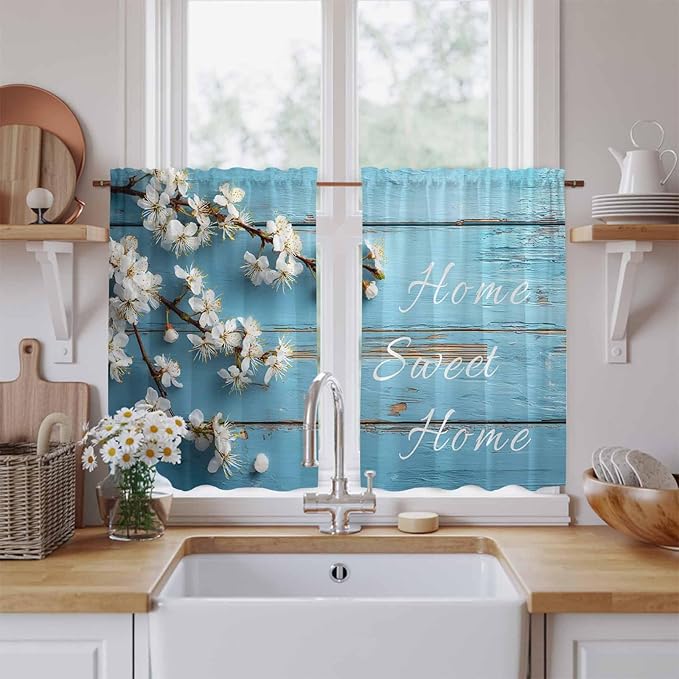 Farmhouse Wooden Grain Kitchen Curtains, Vintage Shabby Chic Flower Blue Light Filtering Window Curtain Panels, 2Pcs Rod Pocket Window Treatments Set for Study Room Bathroom Bedroom 52x54 Inches