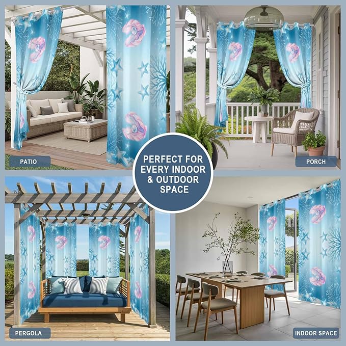 Ocean Shell Outdoor Curtains for Patio Corals Starfish Summer Marine Waterproof Outside Curtains with Grommet Top Weatherproof Curtain for Cabana Pergola Gazebo, 2 Pack, 54" W x 108" L