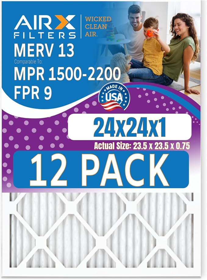24x24x1 Air Filter MERV 13 Rating, 12 Pack of Furnace Filters Comparable to MPR 1500-2200 & FPR 9 - Made in USA by AIRX FILTERS WICKED CLEAN AIR.