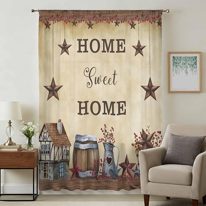 Farm Sheer Curtains 54 Inch Length American Country Barn Star Vintage Berry Brown Chiffon Curtain for Bedroom Living Room Light Filtering Rod Pocket Window Treatments Voile Curtains Drapes for Kitchen