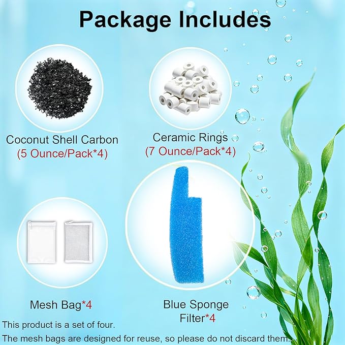 4 Set Aquarium Media Maintenance Kit, Replacement for Seachem Tide 55-Gallon Filter — Includes 4 Blue Sponges, 4 Bags of Activated Carbon, 4 Ceramic Rings, and 4 Mesh Bags.