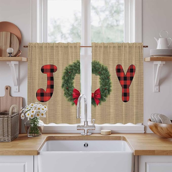 Red Green Christmas Kitchen Tier Curtains 45 Inch Long 2 Panel Set,Rod Pocket Short Window Treatment,Xmas Botanical Winter Farmhouse Curtains & Drapes for Bathroom Basement 27.5"W x 45"L