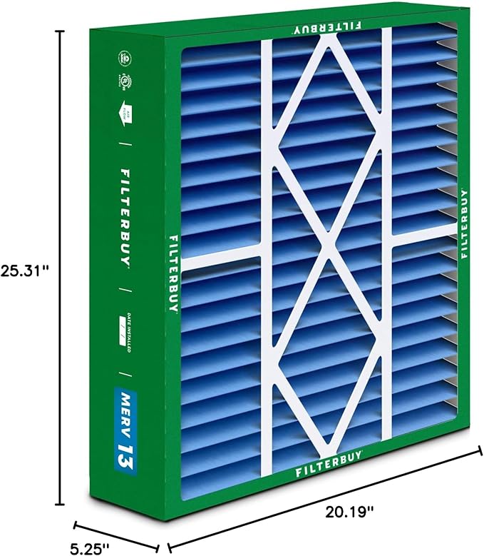 Filterbuy 20x25x5 Air Filter MERV 13 Optimal Smoke & Allergy Defense (2-Pack), Pleated HVAC AC Furnace Filters for Amana, Coleman, Goodman, Maytag, York, and More (Actual Size: 20.19 x 25.31 x 5.25)